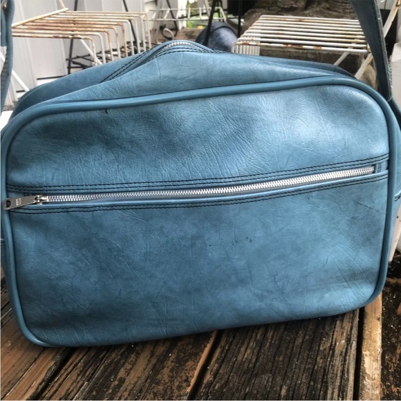 Aqua Blue Travel Bag Luggage Carry On Case Vintage 60s 70s Paisley Lining - Picture 3 of 11